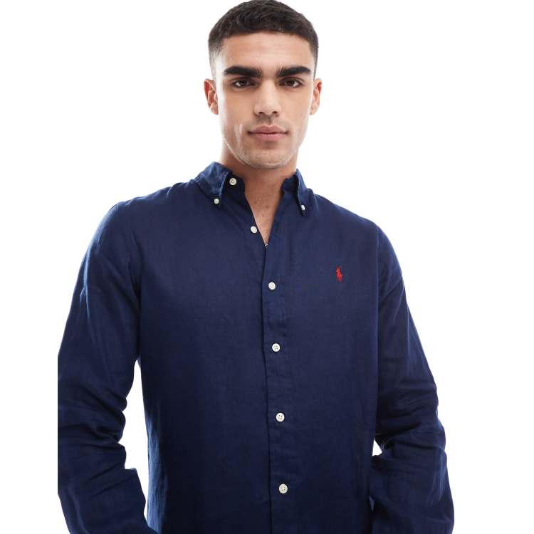 ★★POLO RALPH LAUREN★★ Custom fit linen shirt navy MNPOWO Polo Ralph Lauren Custom Fit Linen Shirt - Navy Shop Polo