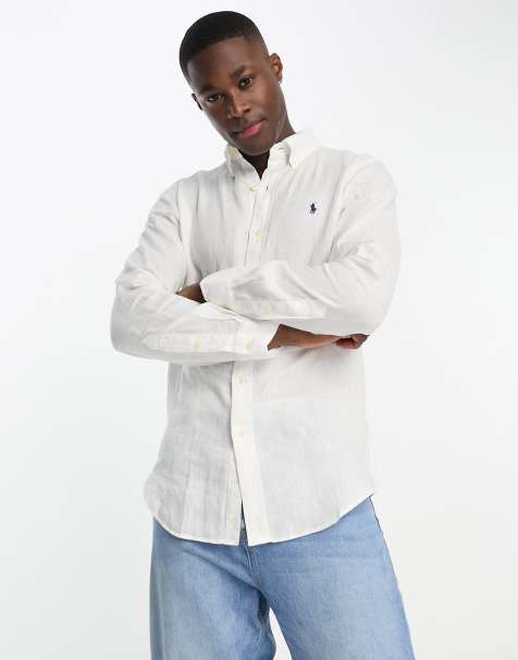 Mens White Linen-Blend Casual Shirt - Classic Fit