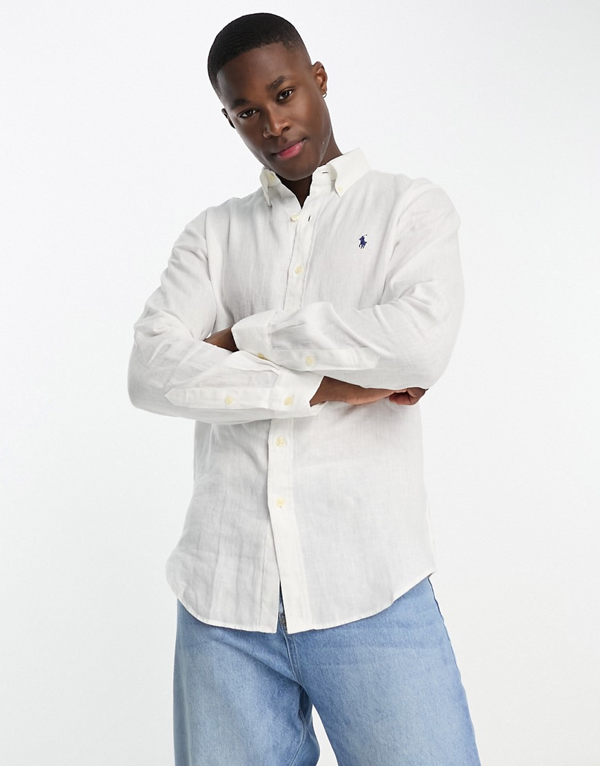 Shop Polo Ralph Lauren Icon Logo Linen Shirt Custom Fit In White