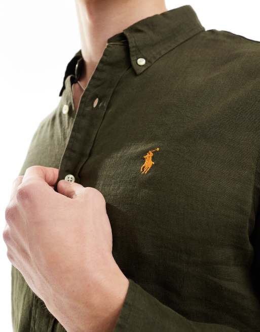 Tシャツ・カットソー Ralph Lauren FW25 Olive green linen shirt (710966294 004) Polo Ralph Lauren Classic Fit Linen Shirt
