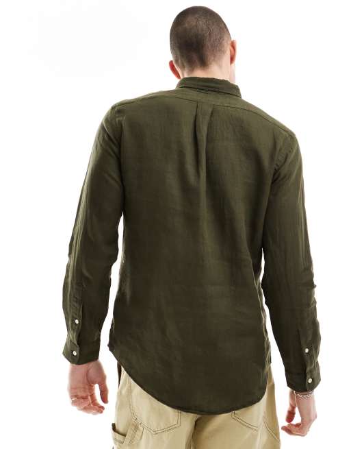 Polo Ralph Lauren icon logo linen shirt in dark green | ASOS