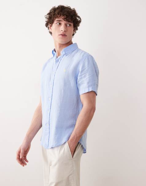 Polo Ralph Lauren icon logo linen short sleeve shirt in blue - view 1