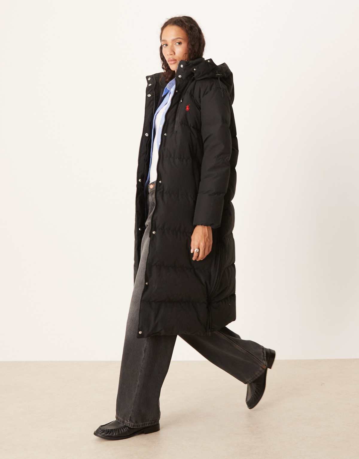 Polo Ralph Lauren icon logo long hooded puffer jacket in black