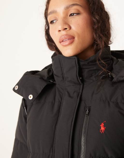 Polo Ralph Lauren icon logo long hooded puffer jacket in black, 2 of 4