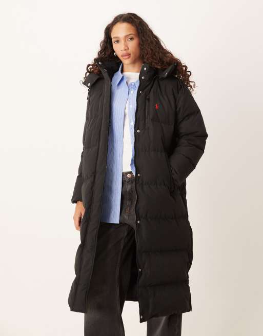 Polo Ralph Lauren icon logo long hooded puffer jacket in black, 3 of 4