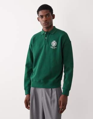 Polo Ralph Lauren Men's Green Icon Logo Long Sleeve Collared Sweatshirt In