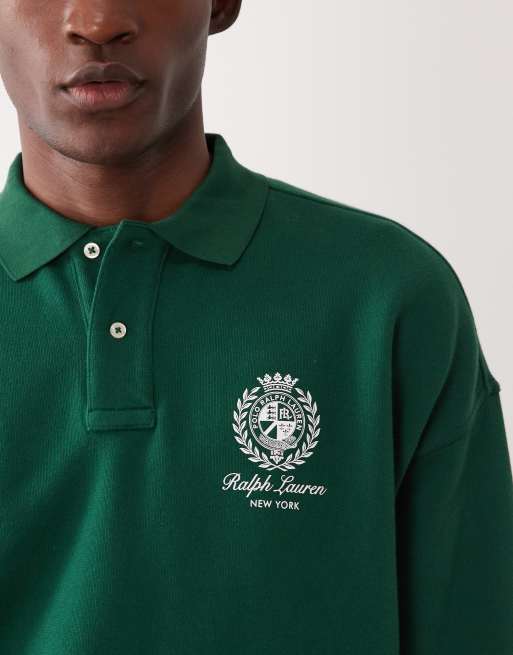 Polo Ralph Lauren icon logo long sleeve collared sweatshirt in green, 5 of 5