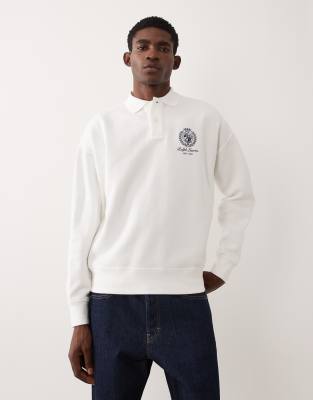 Polo Ralph Lauren Men's White Icon Logo Long Sleeve Collared Sweatshirt In