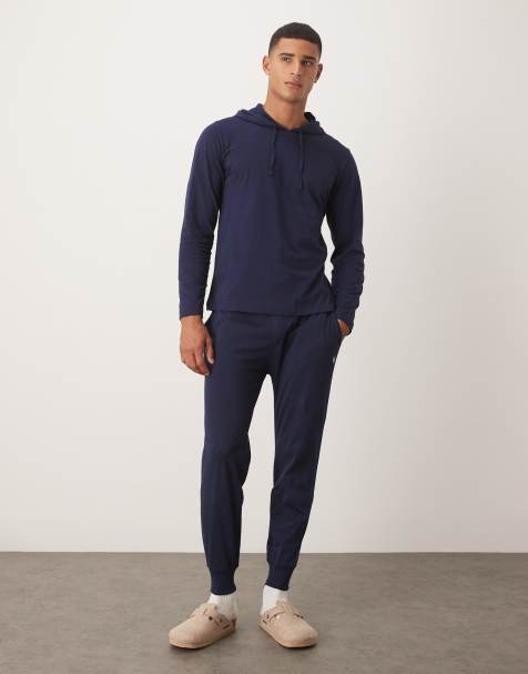 Polo Ralph Lauren icon logo long sleeve hooded lounge top, trackies and shorts set in navy - view 1