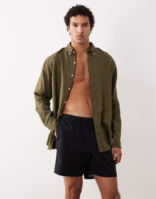 Polo Ralph Lauren Men's Green Icon Logo Long Sleeve Linen Shirt In Khaki