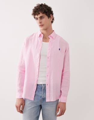 Polo Ralph Lauren Men's Pink Icon Logo Long Sleeve Linen Shirt In