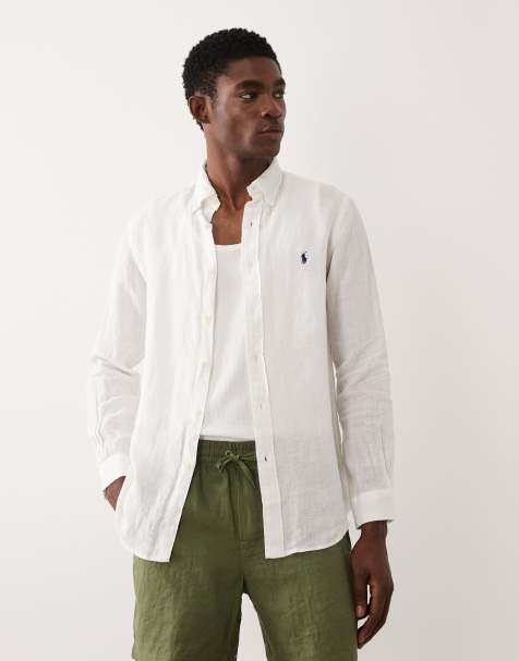 Polo Ralph Lauren icon logo long sleeve linen shirt in white - view 1