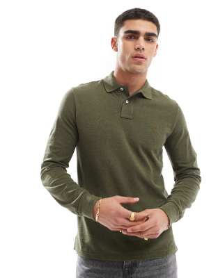 Polo Ralph Lauren Icon Logo Long Sleeve Pique Polo In Dark Green Heather