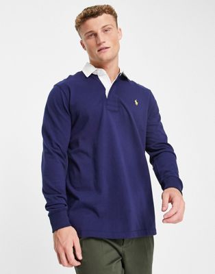 Polo Ralph Lauren icon logo long sleeve rugby polo classic fit in navy - ASOS Price Checker