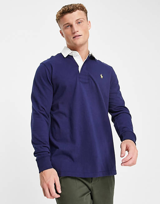 Polo Ralph Lauren icon logo long sleeve rugby polo classic fit in navy ...
