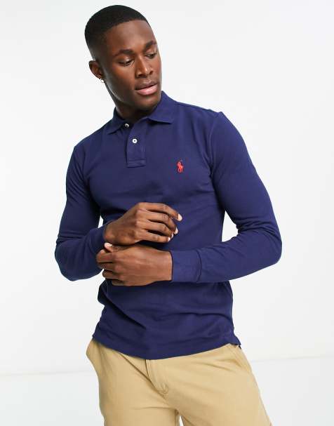 Polo Ralph Lauren icon logo long sleeve slim fit pique polo shirt in navy - view 1