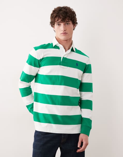 Polo Ralph Lauren icon logo long sleeve stripe rugby shirt in green and white - view 1