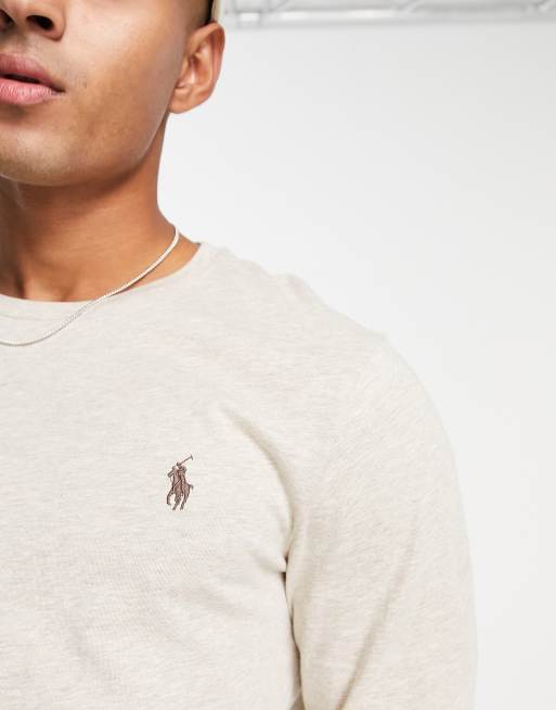 Polo Ralph Lauren Icon Logo Slim Fit Long Sleeve Pique Polo in Beige heather-Neutral