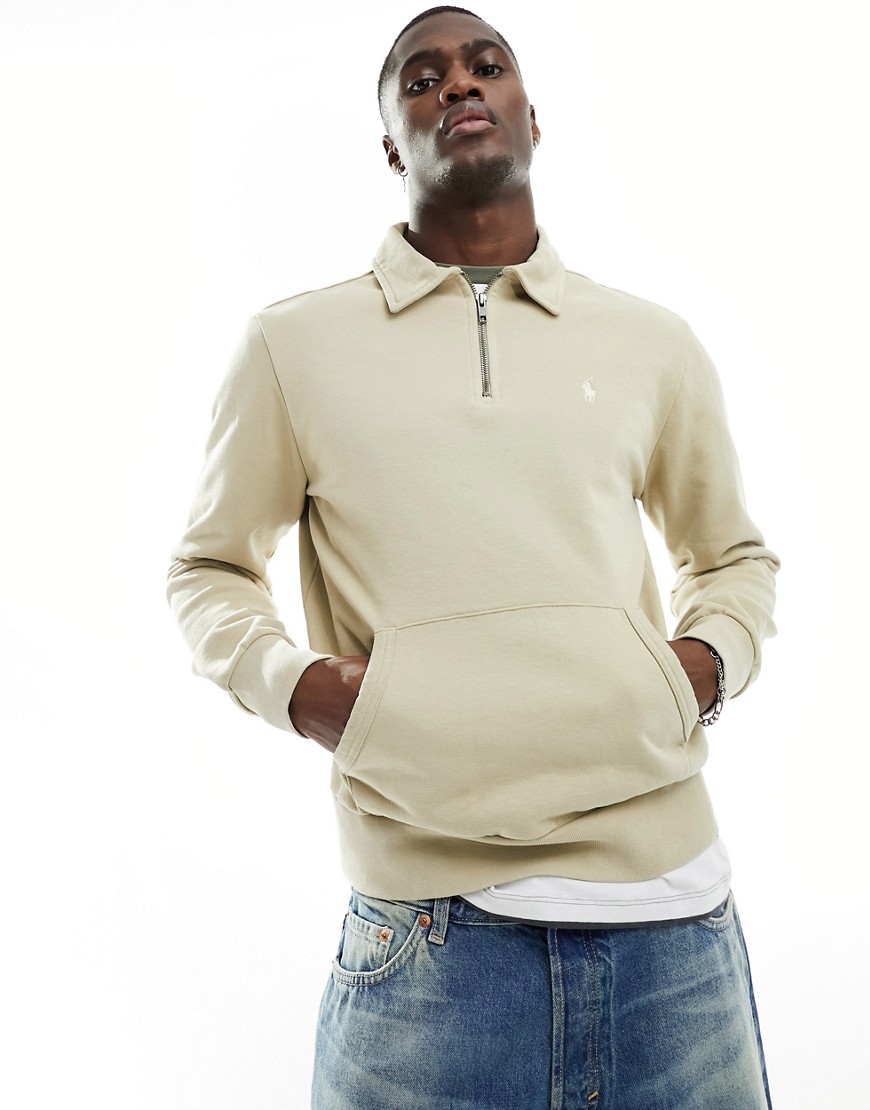 Polo Ralph Lauren icon logo loopback terry half zip sweatshirt in beige-Neutral
