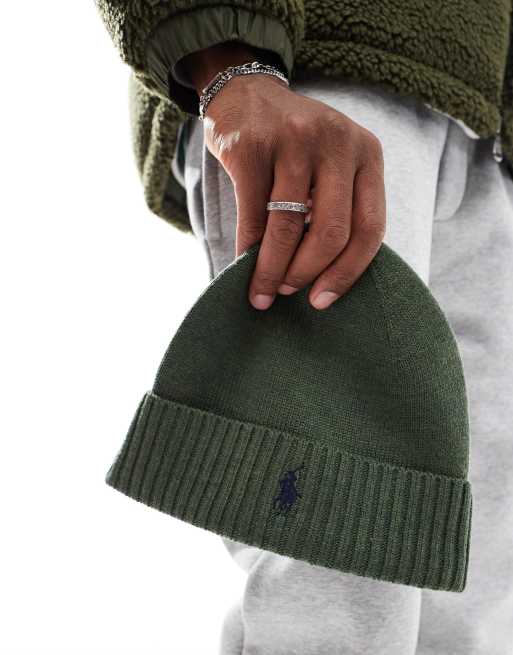 NWT POLO RALPH LAUREN MERINO LAMBSWOOL popular OLIVE TWEED BEANIE HAT