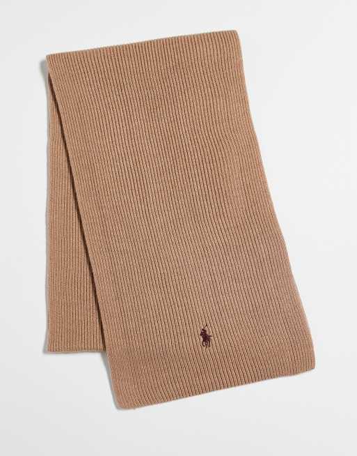 Polo Ralph Lauren icon logo merino wool knit scarf in camel marl, 3 of 4