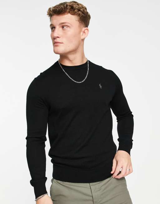 Polo Ralph Lauren icon logo merino wool knit sweater in black | ASOS