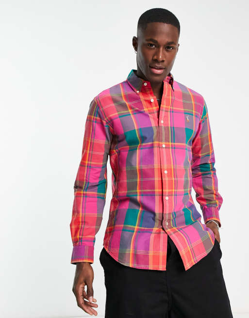 Polo Ralph Lauren icon logo multi check oxford shirt custom regular fit in  pink/orange multi | ASOS