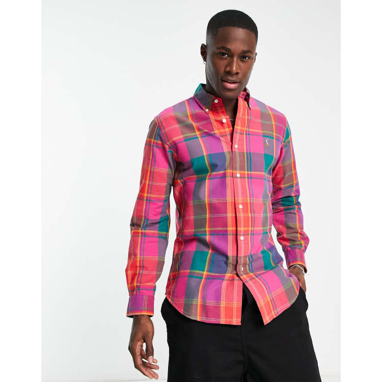 Polo Ralph Lauren icon logo multi check oxford shirt custom regular fit in  pink/orange multi