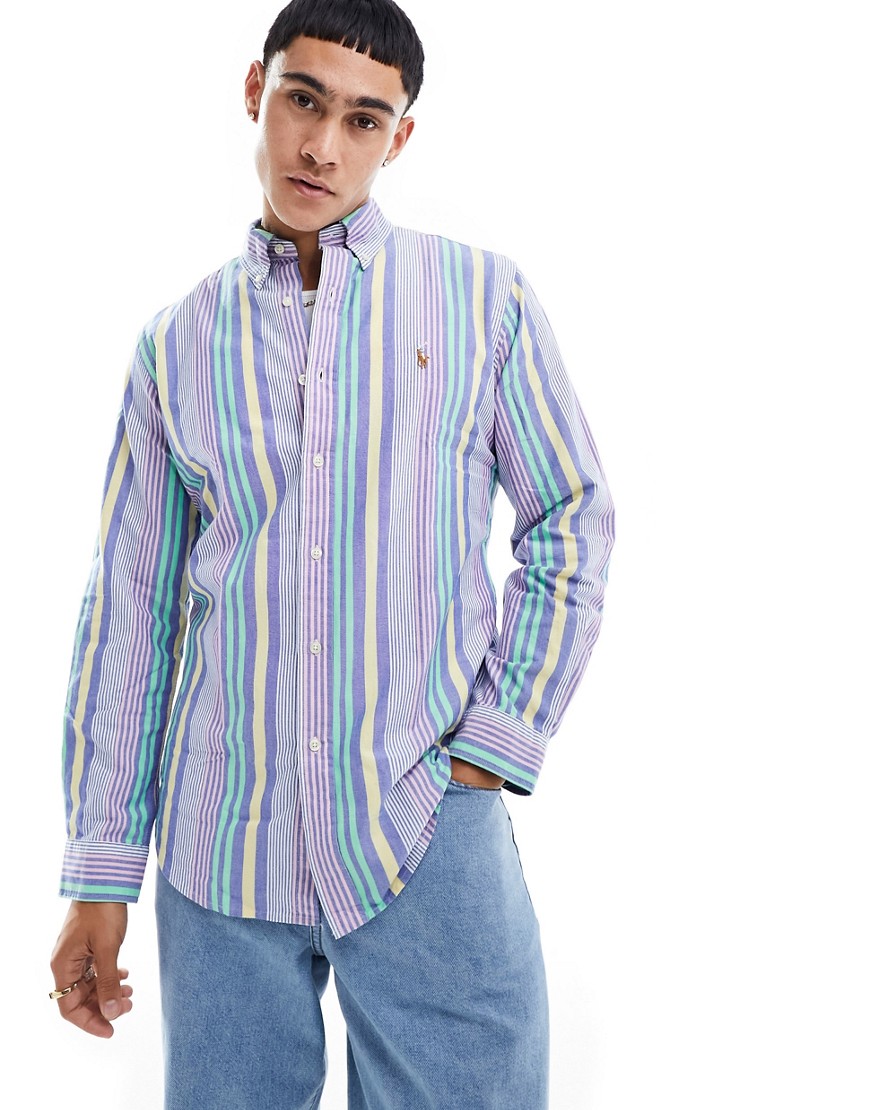 Polo Ralph Lauren icon logo multi stripe custom fit oxford shirt in mid blue/white