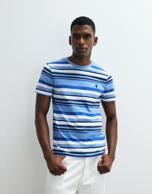 Polo Ralph Lauren icon logo multi stripe custom slim t-shirt in blue, 5 of 5