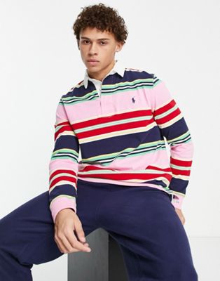 Polo Ralph Lauren icon logo multi stripe rugby polo in pink