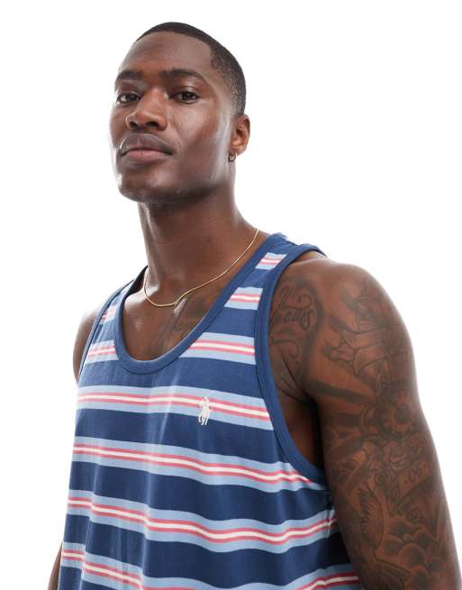 Polo Ralph Lauren icon logo multi stripe tank top in mid blue ASOS