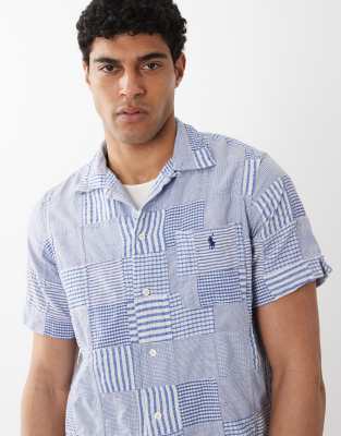 Polo Ralph Lauren Men's Blue Icon Logo Patchwork Print Short Sleeve Shirt In