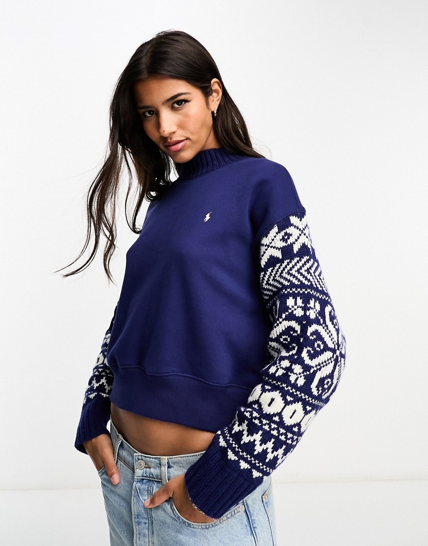 Polo Ralph Lauren icon logo pattern print sleeve sweatshirt in navy