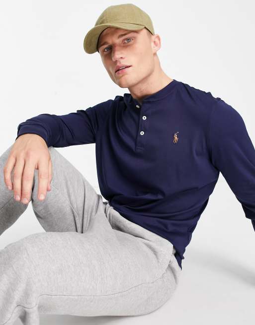 Polo Ralph Lauren icon logo pima cotton henley long sleeve top in navy