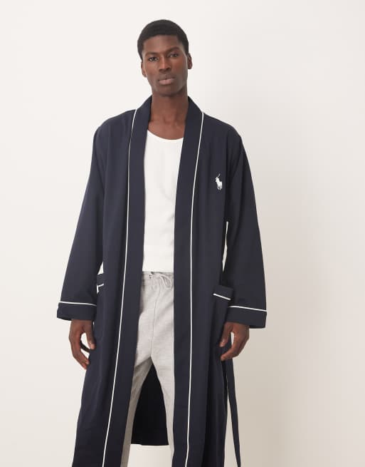 Polo Ralph Lauren icon logo piping loopback jersey lounge robe in navy, 2 of 5