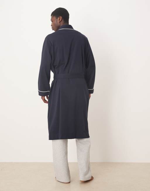 Polo Ralph Lauren icon logo piping loopback jersey lounge robe in navy, 3 of 5