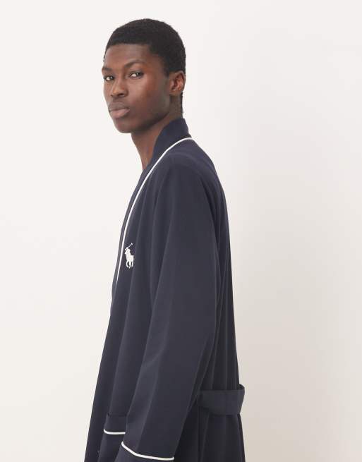 Polo Ralph Lauren icon logo piping loopback jersey lounge robe in navy, 4 of 5