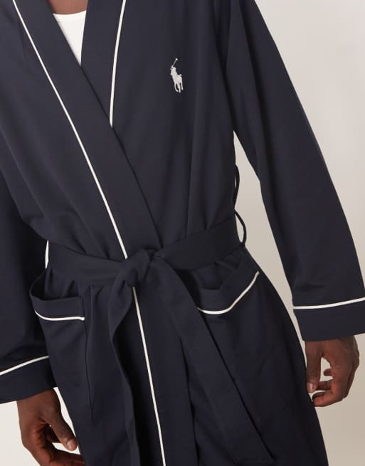 Polo Ralph Lauren icon logo piping loopback jersey lounge robe in navy, 5 of 5