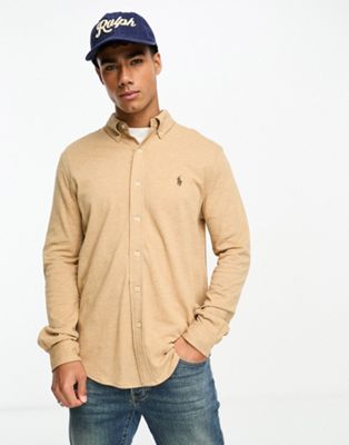 Polo Ralph Lauren icon logo pique shirt in camel marl - ASOS Price Checker