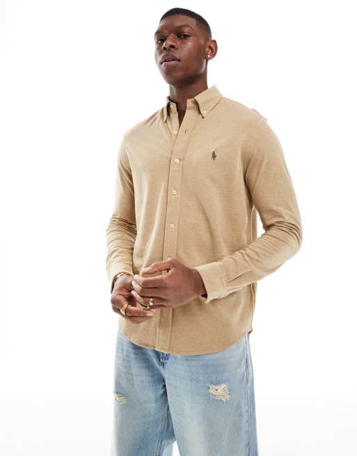 Polo Ralph Lauren icon logo pique shirt in tan marl ASOS