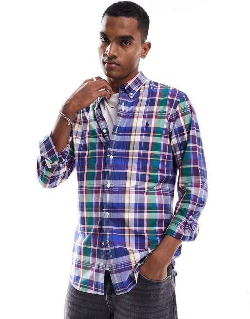 Polo Ralph Lauren icon logo plaid stretch poplin shirt slim fit in  navy/green