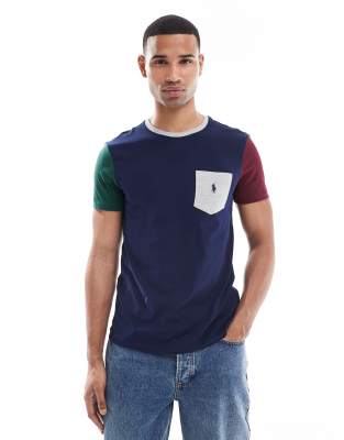 Polo Ralph Lauren icon logo pocket colourblock t-shirt custom fit in navy multi