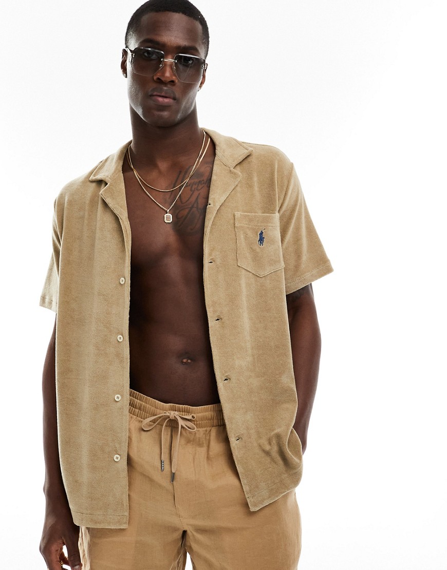 Polo Ralph Lauren icon logo pocket short sleeve lightweight cotton terry revere collar shirt in beig