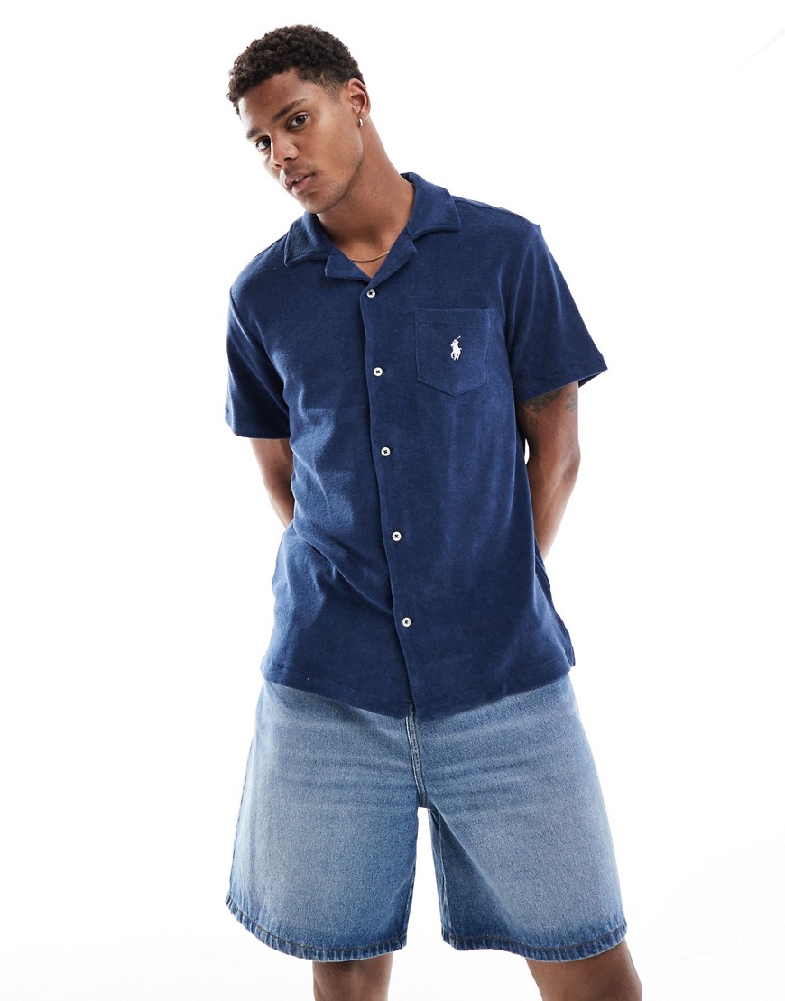 Polo Ralph Lauren icon logo pocket short sleeve lightweight cotton terry revere collar shirt in navy