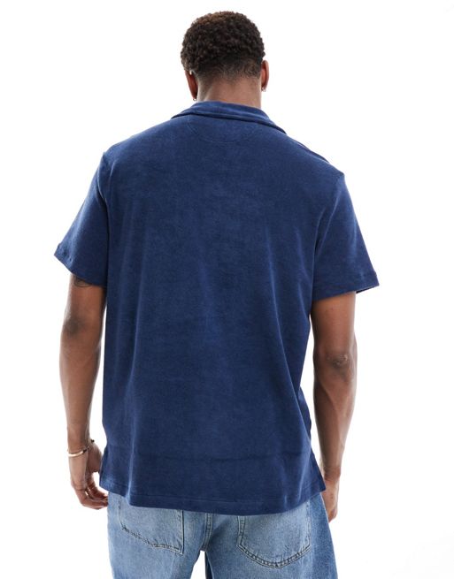 Polo Ralph Lauren icon logo pocket short sleeve lightweight cotton terry  revere collar shirt in navy