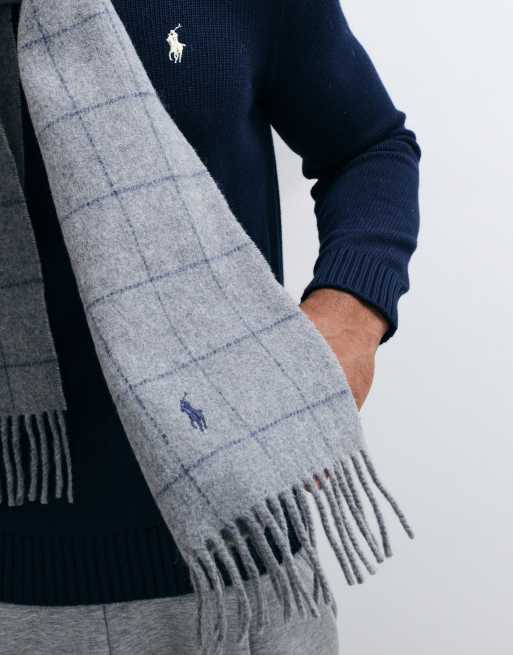 Polo Ralph Lauren icon logo reversible fringe scarf in grey, 2 of 3