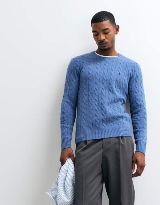 Polo Ralph Lauren icon logo rich wool cable knit jumper in blue , 5 of 5