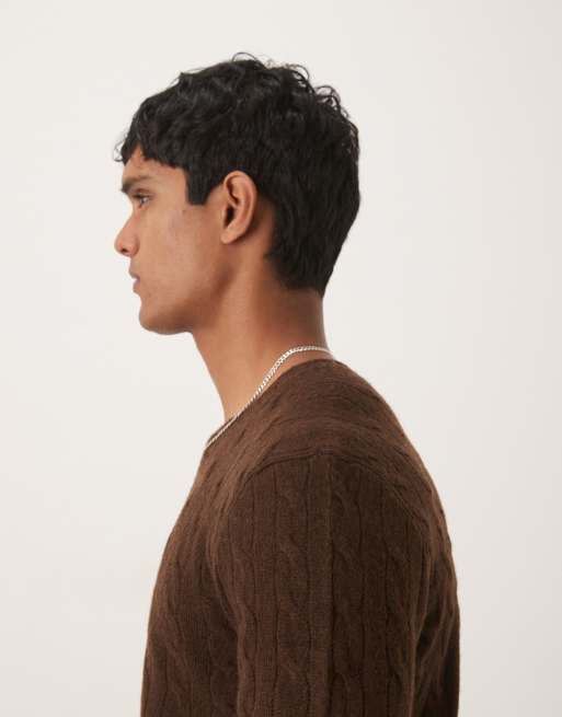 Polo Ralph Lauren icon logo rich wool cable knit jumper in brown marl, 2 of 5
