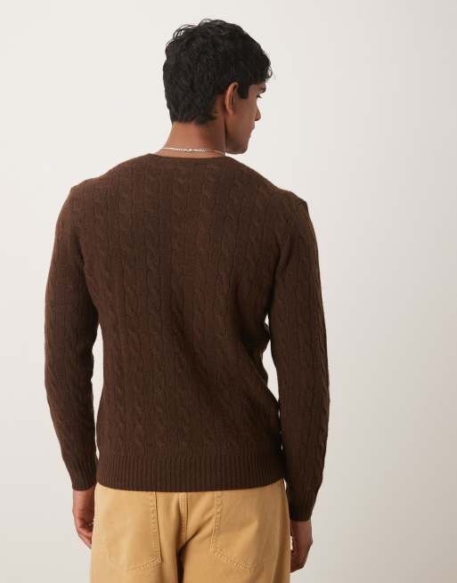 Polo Ralph Lauren icon logo rich wool cable knit jumper in brown marl, 3 of 5